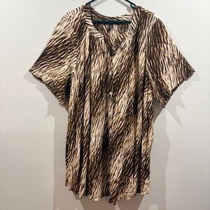 Plus Size 28W Animal Print Button Down Tunic Fall Layering Top Brown Rayon